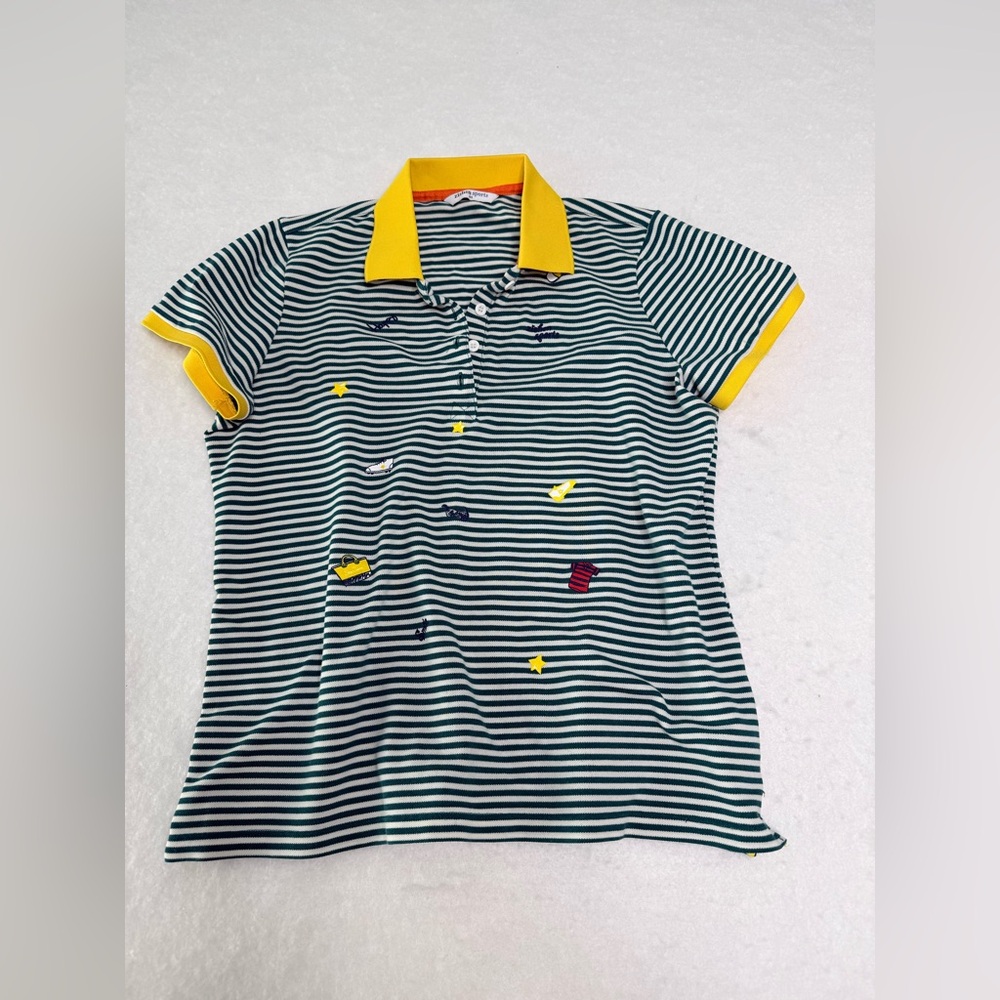 SOLD ZISHEN SPORTS Striped Green/White Polo Style Shirt with Yellow Pre-Owned